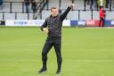 Forest Green Rovers manager, Mark Cooper salutes the travelling fans at the end of the match during the EFL Sky Bet League 2 match between Salford City and Forest Green Rovers at Moor Lane, Salford, United Kingdom on 28 September 2019.