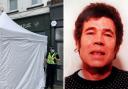 Left, a police officer mans a tent outside The Clean Plate cafe and right, serial killer Fred West, who murdered at least 10 young women in Gloucester between 1967 and 1987