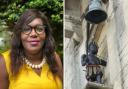 Florence Nyasamo-Thomas, founder of Lives of Colour and Black History Month Gloucestershire, and Blackboy Clock in Castle Street, Stroud