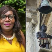 Florence Nyasamo-Thomas, founder of Lives of Colour and Black History Month Gloucestershire, and Blackboy Clock in Castle Street, Stroud