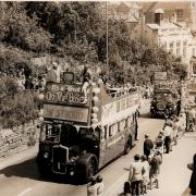 Bus taking part in the Stroud Show carnival parade, in the 1970s. Photo courtesy of Chris Blick