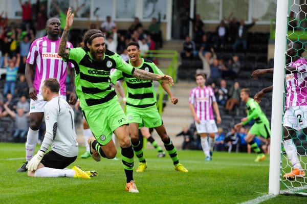 Rob Sinclair celebrates after putting Forest Green Level