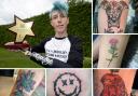 Charlie Mills and a selection of his tattoos