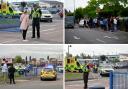 Emergency services at Tewkesbury School which has been locked down after a teenage boy was arrested following reports a pupil stabbed a teacher - SWNS/ PA