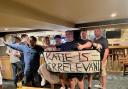 Katie Hopkins at the Star Inn with a sign which had been left outside by demonstrators. Image: Katie Hopkins