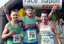 Second place Ben Gregory  Stroud AC, (centre) winner Lee Stopford, Stroud AC and third place Matt Rees, Swansea Harriers
