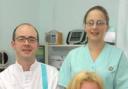 Reporter Liz Weafer having her teeth whitened with Dr Dean Blaby and dental nurse Laura Ballinger at the Confident Dental Care in Stroud. SCL1615V05.