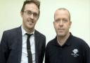 Newsquest Gloucestershire's head of media sales Carl Badham with Jamie Underwood from Wheatley Printers