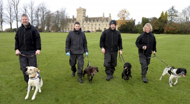 Stroud News and Journal: PC Richard Hunt and Bonnie, PC James Counsell and Rollo, PC Adey Cole and Marshall, PC Debbie Shields and Ollie, Gloucestershire Police Dog Section, training at the Royal Agricultural University in Cirencester. Photo: Paul Nicholls