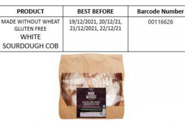 Stroud News and Journal: Photo shows the Food Standards Agency report of the affected M&S Made Without Wheat White Sourdough Cob.