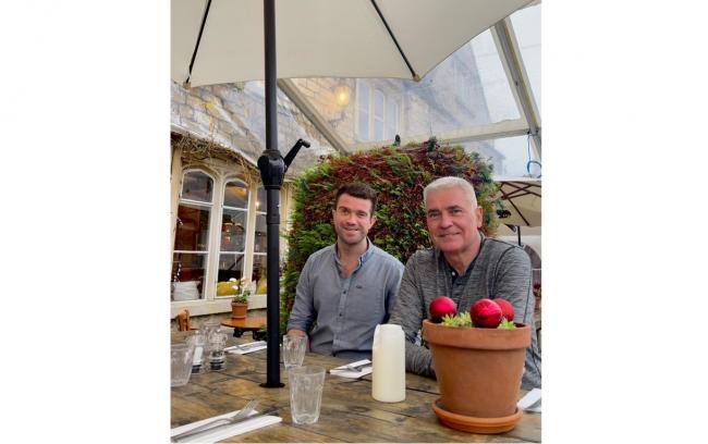 Pub owner Nicholas Beardsley, inside the marquee at the Old Fleece in Woodchester with his son Ollie who now runs the pub