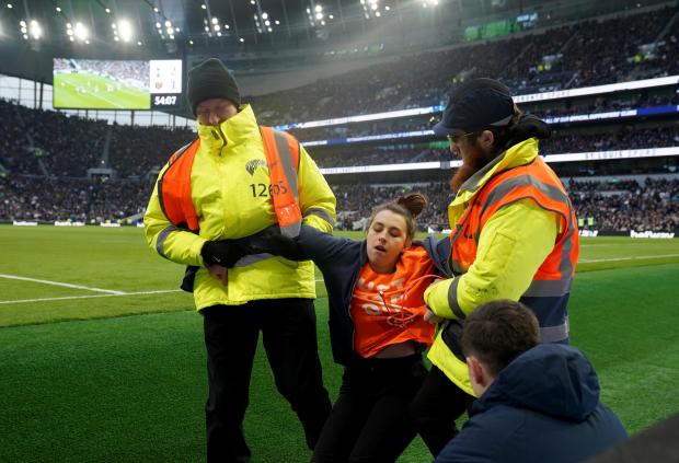 Stroud News and Journal: A protestor is removed by stewards at the Tottenham Hotspur stadium