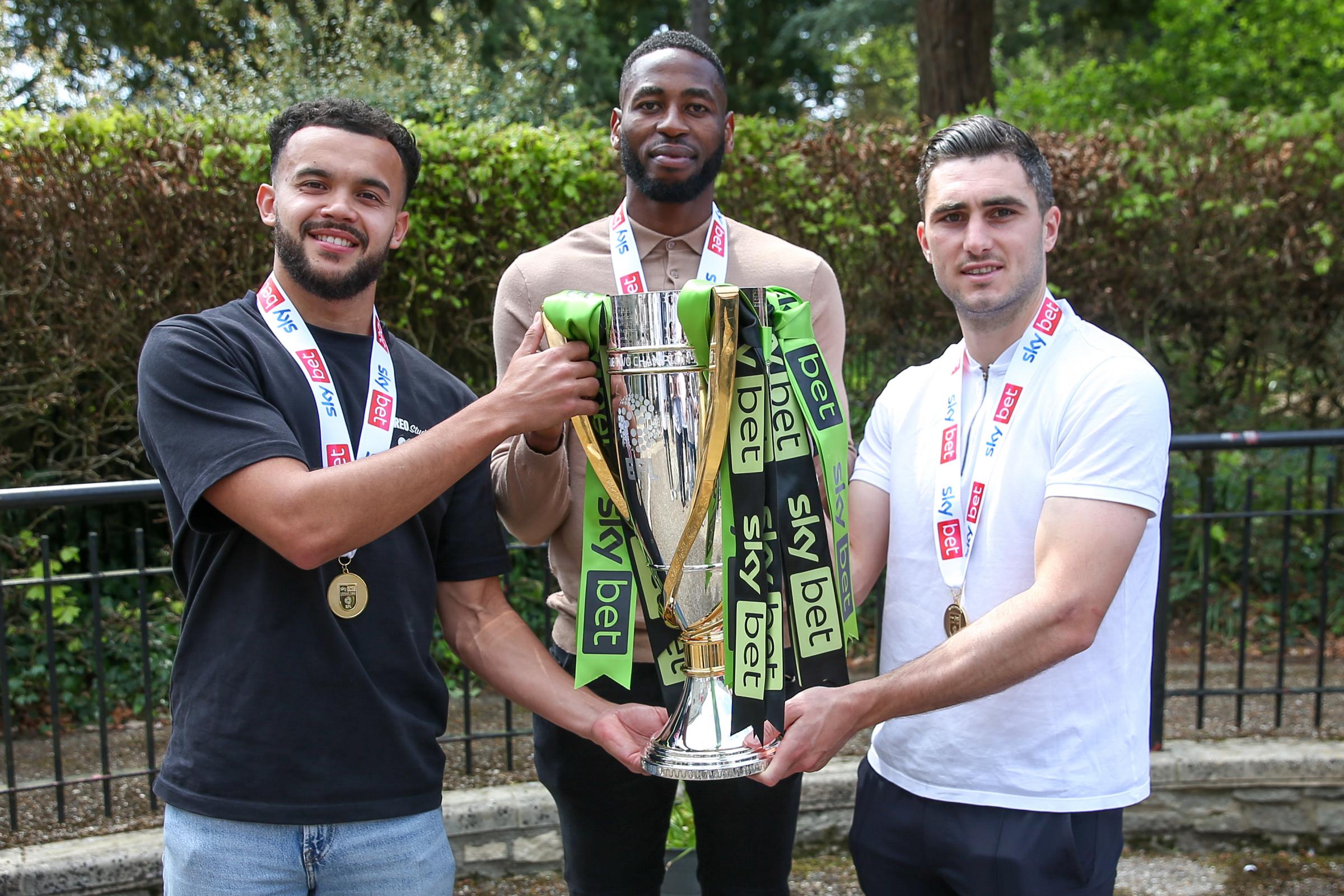 Forest Green Rovers Trophy presentation Forest Green Rovers Dominic Bernard(3), Forest Green Rovers Jamille Matt(14) and Forest Green Rovers Jordan Moore-Taylor(15) during the 2021/22 civic reception for EFL League Two Champions Forest Green Rovers at