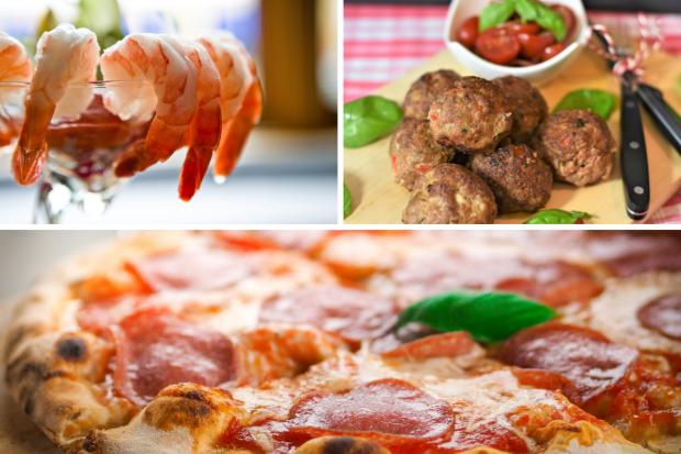 Stroud News and Journal: (Top left clockwise) Prawn cocktail, Meatballs, Pizza. Credit: PA/Canva