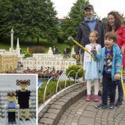 Joanna and Duncan Brett with their disabled son Sebby, seven and daughter Lottie, six, during a visit to Legoland in Windsor. Inset: Lego figures of the Brett family