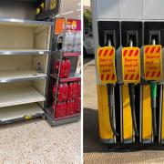 Empty shelves at Morrisons in BelleVale and covers on fuel pumps at a Shell filling station in Smithdown Road, Liverpool