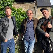 Charlie Hamblett, Anton Lesser and David Le Page rehearsing for Laurie Lee, Words and Music at The Woolpack in Slad