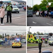 Emergency services at Tewkesbury School which has been locked down after a teenage boy was arrested following reports a pupil stabbed a teacher - SWNS/ PA