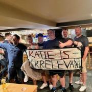 Katie Hopkins at the Star Inn with a sign which had been left outside by demonstrators. Image: Katie Hopkins