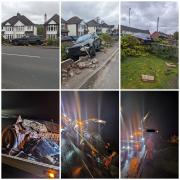 Pictures as a car crashes into a garden in Ebley Road, Stroud