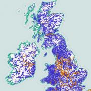 Map of UK canals. Canals in orange. By Peter Eastern using data from Open Street Map and contributors