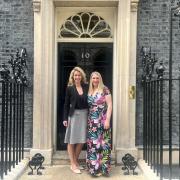 MP Siobhan Baillie with Stonehouse childminder Tina Pipe outside Downing Street  before the  Community Childcare Champions reception