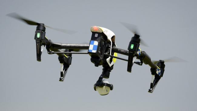 A police drone in flight.
